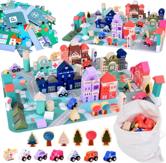 Pastelkleurige houten set Stad met puzzel-speelmat