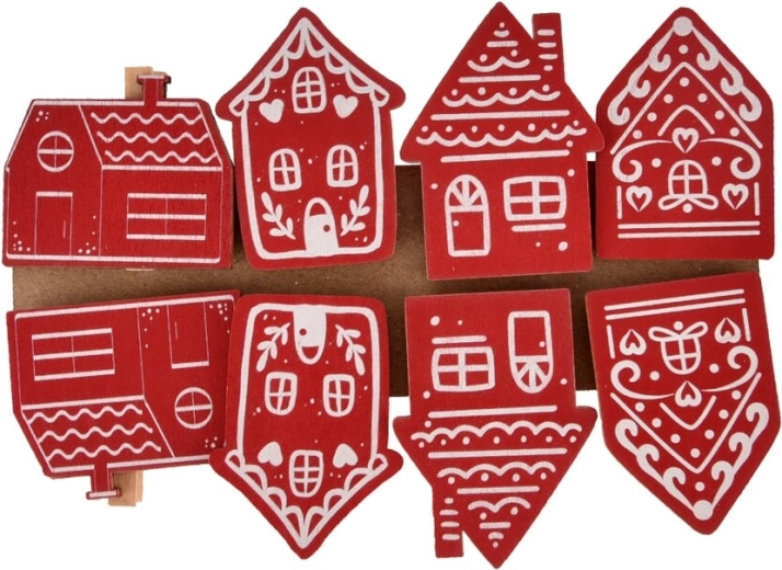 Houten decoratieve knijpers Huisje rood-wit 8 stuks