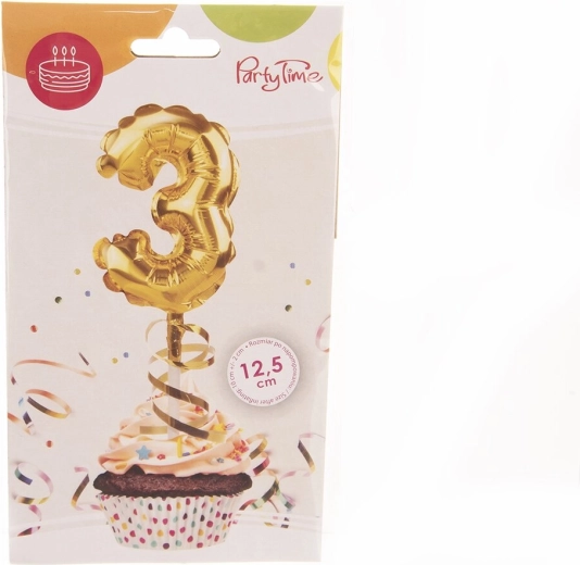 Folieballon nummer 3 met taartmotief, goud, 12,5 cm