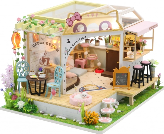 Miniatuurhuisje Kattenkoffiebar met tuintje – DIY bouwpakket met LED