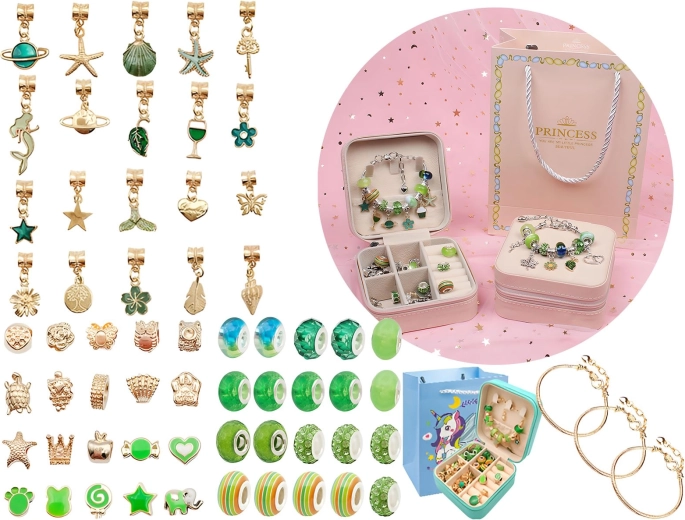 Set voor het maken van sieraden en armbanden met bedeltjes in groentinten