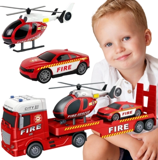 Woopie brandweer-sleepwagen met helikopter en auto met licht en geluid