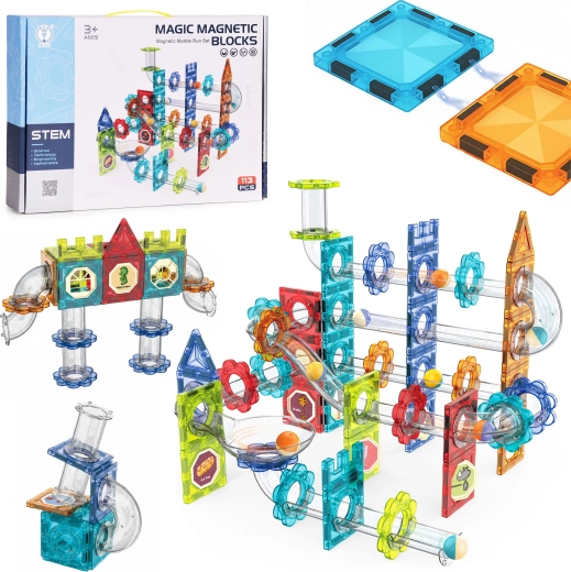 Magnetische 3D bouwset met knikkerbaan, 113 delen