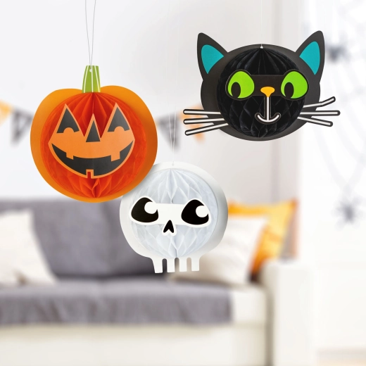 Halloween papieren hanglampenset met pompoen, kat en schedel