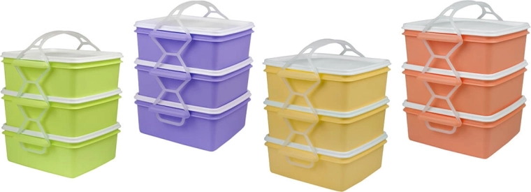 Etagère-lunchtrommel 3-laags 3 × 1,2 l, vierkant, kunststof, mix kleuren