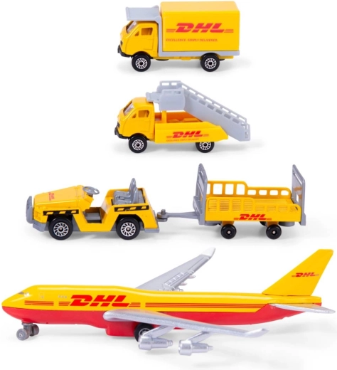 DHL-vliegtuig en luchthavenvoertuigen