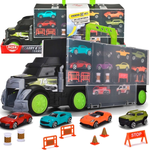 Dickie Toys autotransporter en koffertje met autootjes en verkeersaccessoires