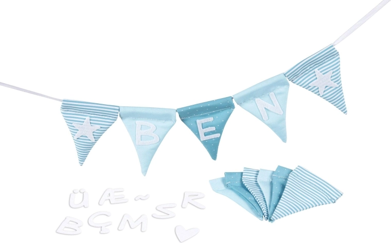 Textielen naamgirlande, blauw, 10 vlaggetjes