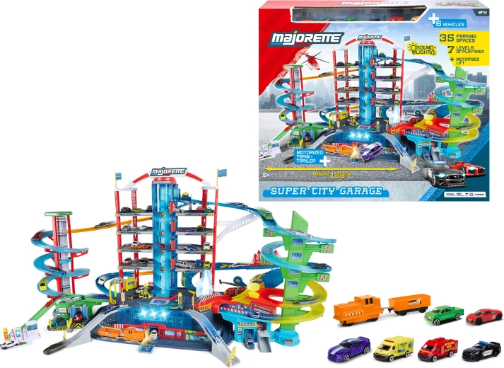 Majorette Super City Garage parkeergarage met zeven verdiepingen, 6 autootjes en een treintje