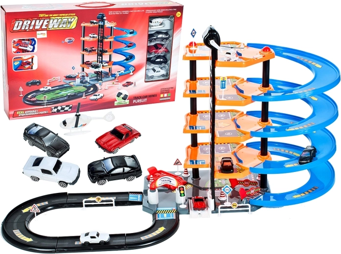 Parkeergarage met racebaan en autootjes