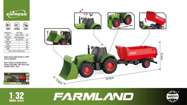 Groene tractor met rode aanhanger, licht en geluid, 1:32