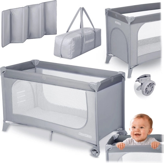 Ricokids reisbedje met matras en tas, grijs