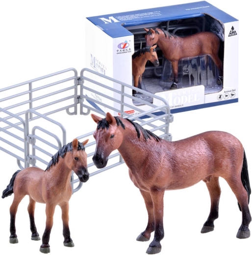 Set paarden- en veulenfiguren met omheining – Bruin – omheining met poort