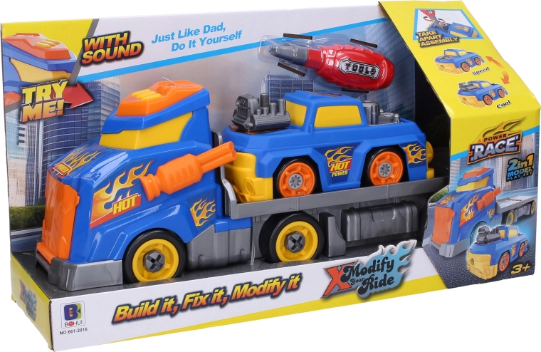 Vrachtwagen met auto en geluidseffecten, schroefset 43 cm