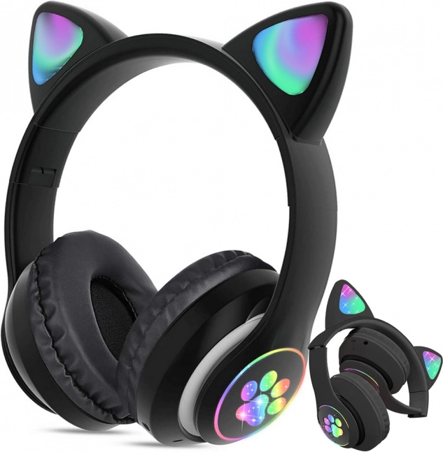 Draadloze koptelefoon met kattenoortjes met LED-verlichting, Bluetooth, FM-radio en MP3 – zwart