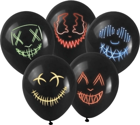 Zwarte latexballon met LED-maskerprint - 1 stuk