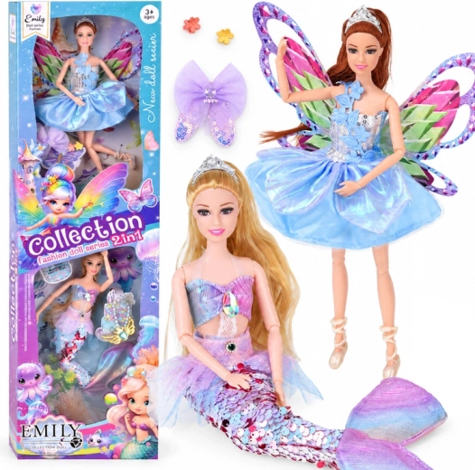 Set poppen: vlinderfee en zeemeermin 2-in-1