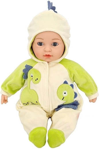 Pratende en zingende baby-pop in dinosaurus-onesie