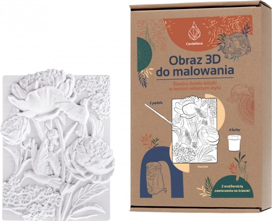 Candellana gipsen 3D-kleurplaat – pioenrozen, set met verf en penselen
