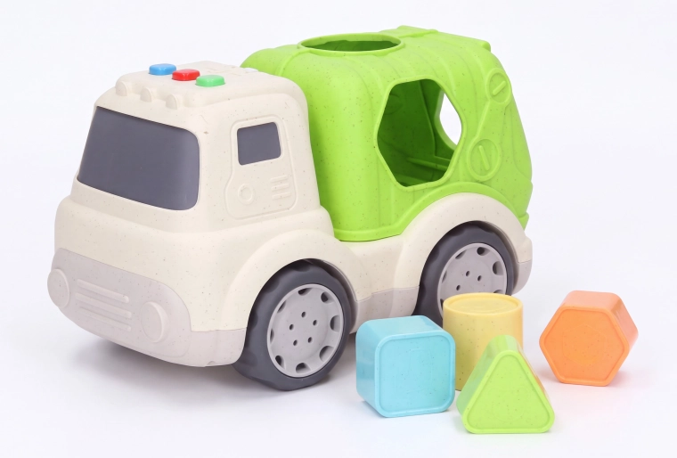 Vormensorteerwagen in de vorm van een vuilniswagen met licht- en geluidseffecten