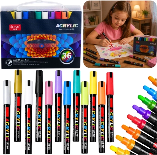 Set waterbestendige acrylstiften in koffer 36 stuks