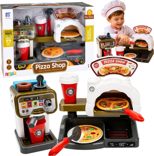 Uitgebreide kinder-pizzeriaset met pizzaoven en koffiezetapparaat (Pizza Shop)