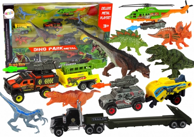 Set voertuigen met helikopter en dinosaurussen, 8 stuks, kleurrijk