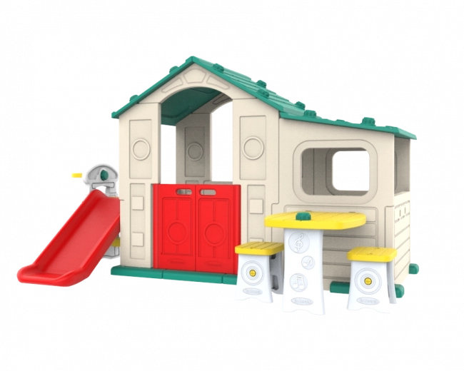 Groot kinderspeelhuis met veranda, glijbaan en groen dak