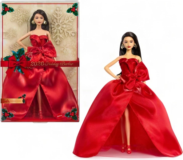 Mattel Barbie Signature kerstverzamelpop 2026 zwart haar in rode jurk