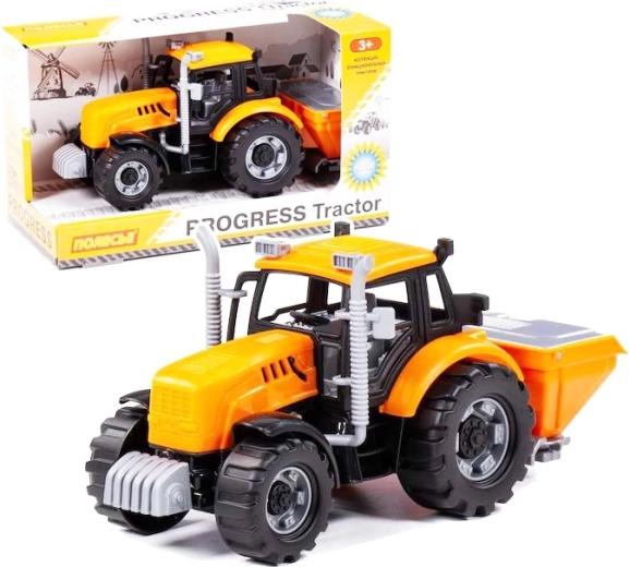 Tractor Progress met vliegwiel, zaaimachine en kiepaanhanger