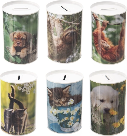 Blikken spaarpot met dierenmotief 10 × 15 cm (mix van 6 varianten)