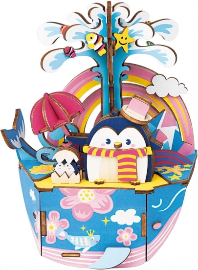 Houten 3D-puzzel Muziekdoos Pinguïn in de oceaan