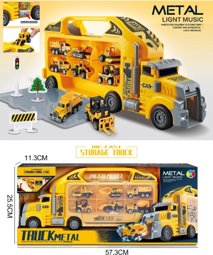 Koffertje vrachtwagen met 6 metalen voertuigen met licht en geluid