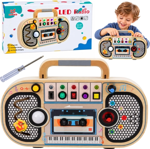 Interactieve houten sensorische radio met ledlampjes en geluiden