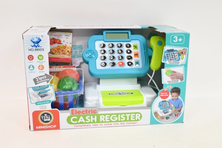 Kinderkassa op batterijen met rekenmachine, scanner en accessoires