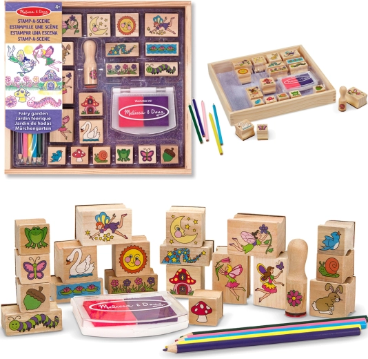 Melissa & Doug creatieve set houten stempels Feeëntuin (20 motieven, inkt en kleurpotloden)