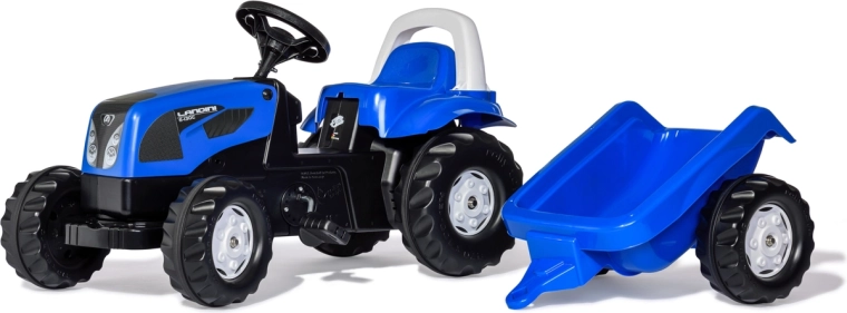 Blauwe traptractor Rolly Kid Landini met aanhanger