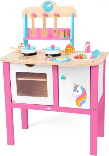 WOODY houten kinderkeukentje eenhoorn – 17 stuks accessoires, werkhoogte 50 cm
