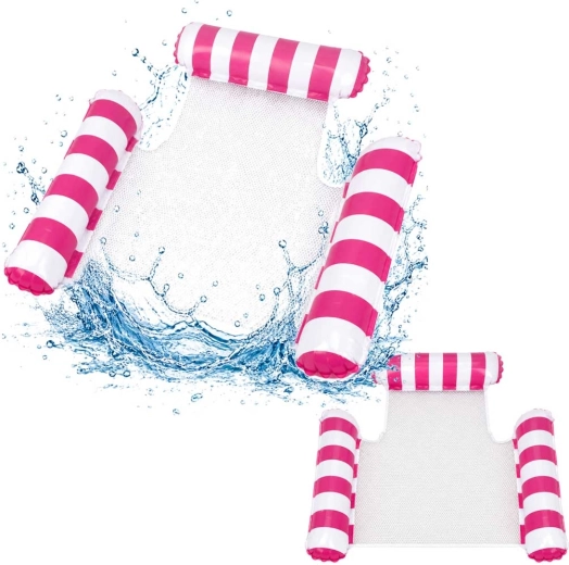 Opblaasbare waterhangmat met hoofdsteun en net – wit-roze