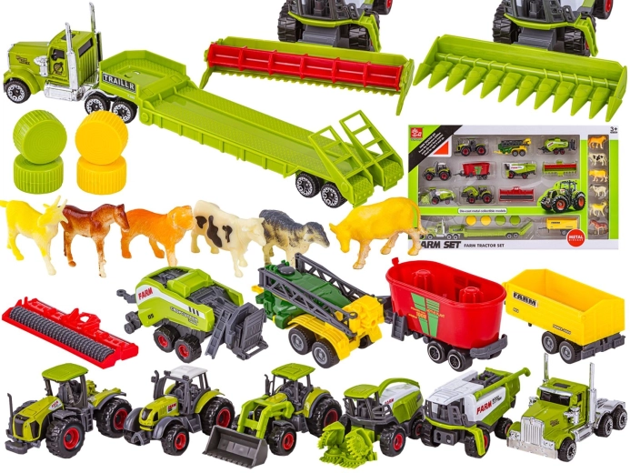 Set landbouwmachines voor de boerderij met tractoren, een maaidorser en diertjes