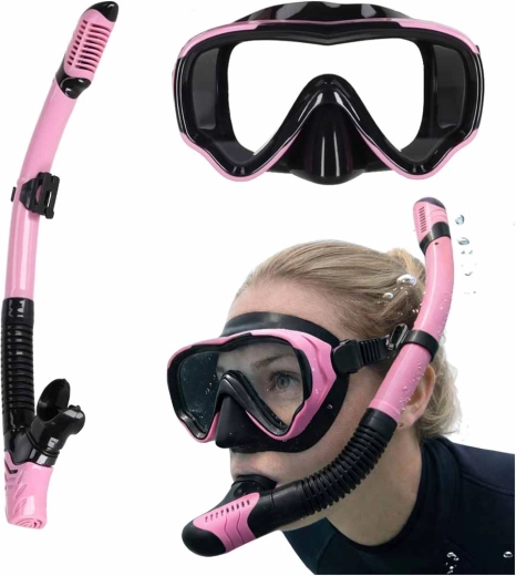 Roze‑zwarte snorkelset met panoramisch masker en dry snorkel