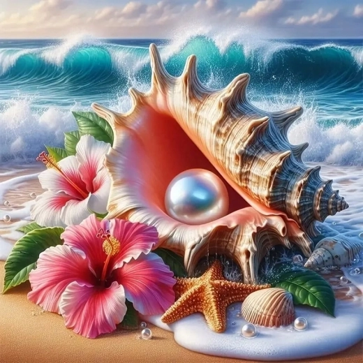 Schilderen op nummer Mooie schelp met parel aan de kust 40 × 50 cm