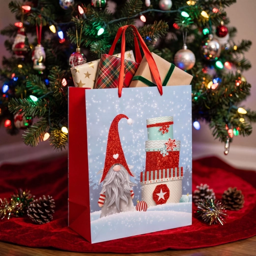 Kerstcadeautas met kaboutermotief en glitters - 1 stuk