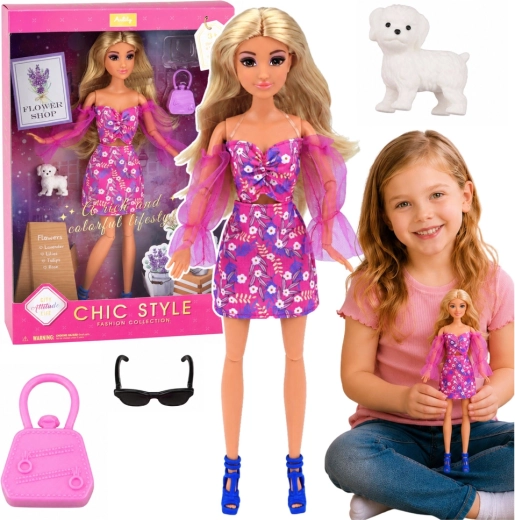 Anlily modieuze pop in roze jurk met hondje en accessoires 30 cm