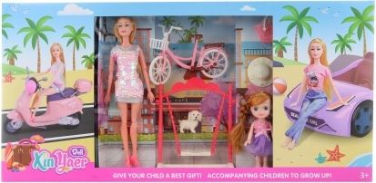 grote poppenset met auto, scooter, fiets en accessoires