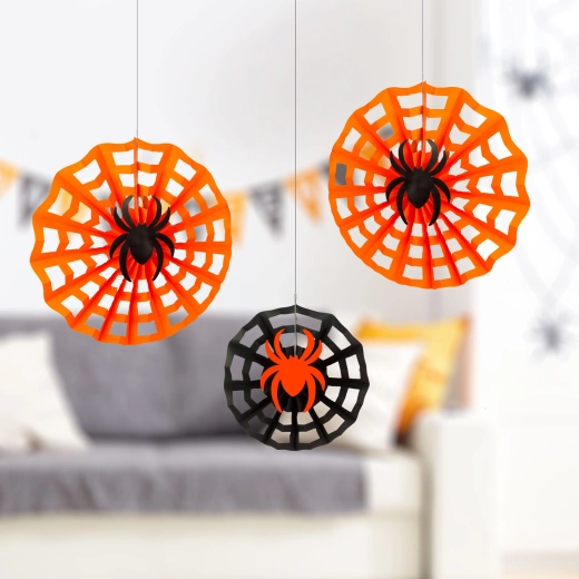 Halloween-papieren decoratie spinnenweb met spin 30/40 cm - 3 stuks