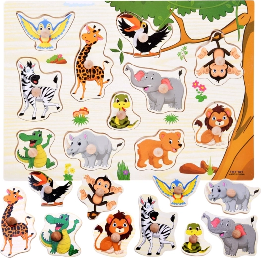 Houten insteekpuzzel jungle met handgrepen, 11 stukjes
