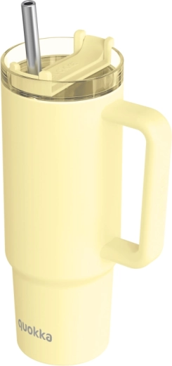 Roestvrijstalen thermobeker Quokka Vibe pastelgeel (Drop Safe) met rietje van roestvrij staal 880 ml