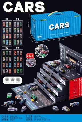Set autootjes met garage in een container (48 stuks)