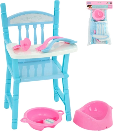 Eetstoel voor pop met set accessoires (potje, speen, servies)